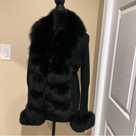 Real fox fur cardigan genuine fur collar trench coat parka jacket wool cape blaz - Picture 10 of 12